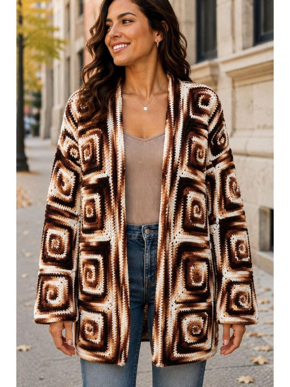 Handmade Womens Granny Square Crochet Cardigan Sweater Brown Cream Size Large